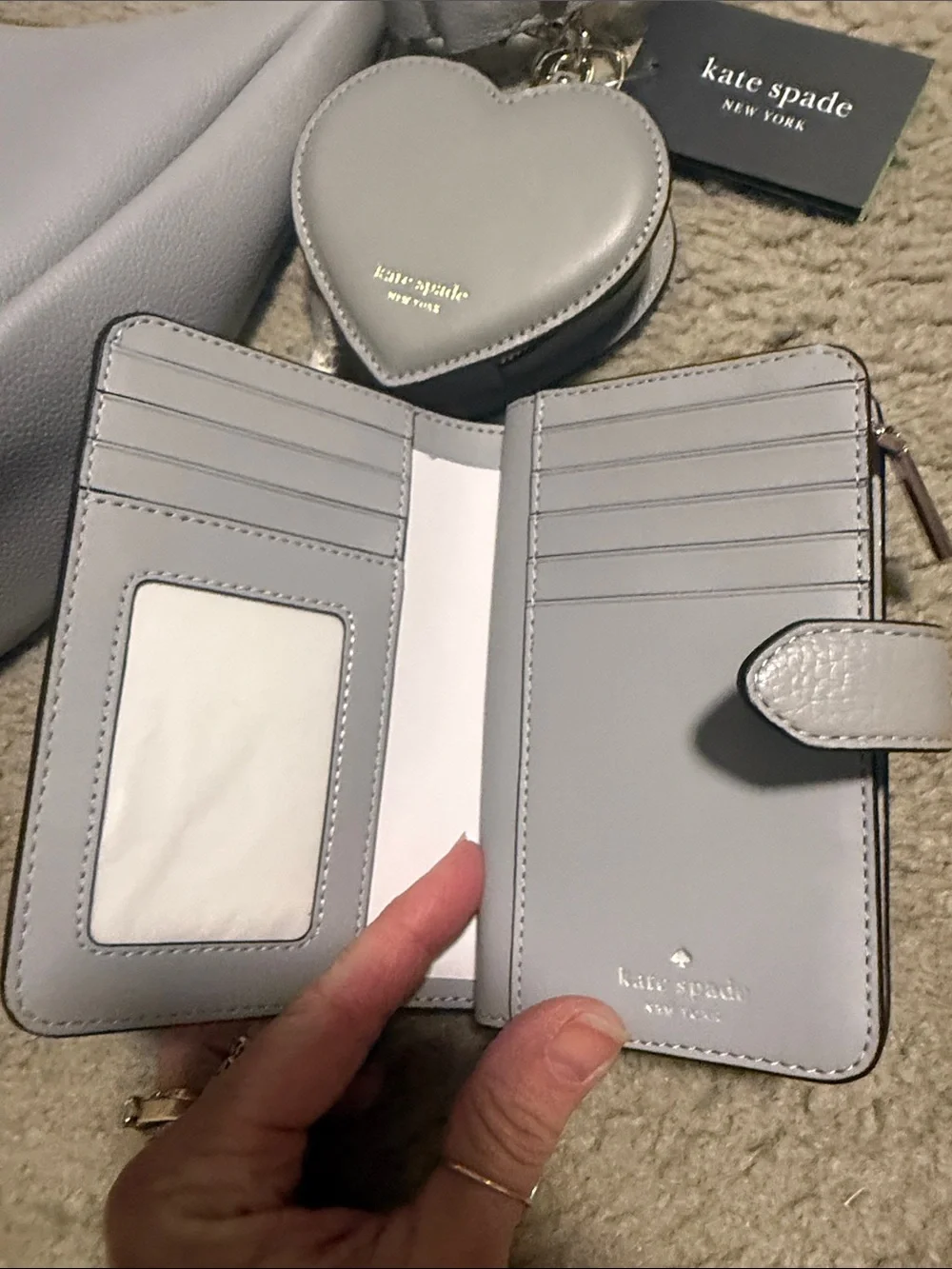Kate Spade light grey Pebbled Leather Shoulder Bag with Heart Pouch and wallet